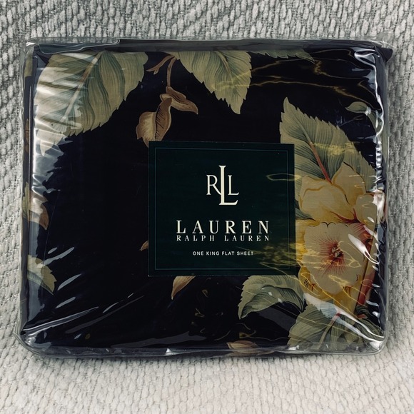 Ralph Lauren Flat Sheet King Black Charleston Floral 100% Cotton 200TC Italy Vtg